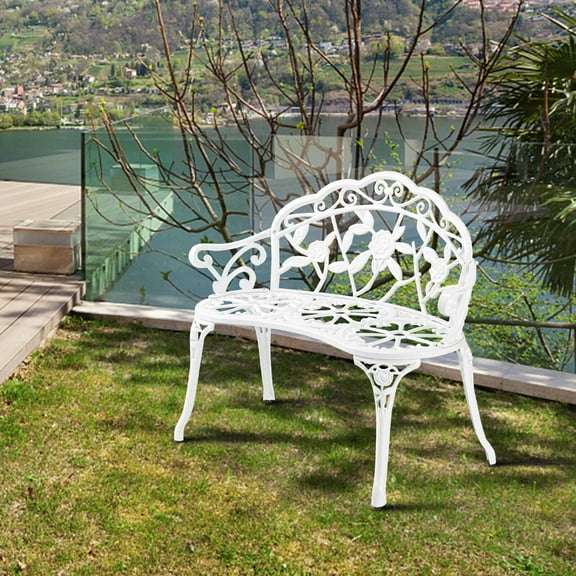 IUKRYU Patio Garden Bench Outdoor, Cast Aluminum Park Bench with Floral Rose Pattern, White Rust-Resistant Backyard Furniture, Ergonomic Backrest for Porch/Yard