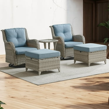 Pocassy  5-Piece Outdoor Furniture Set, Swivel chairs with Ottomans Light Grey/Baby Blue