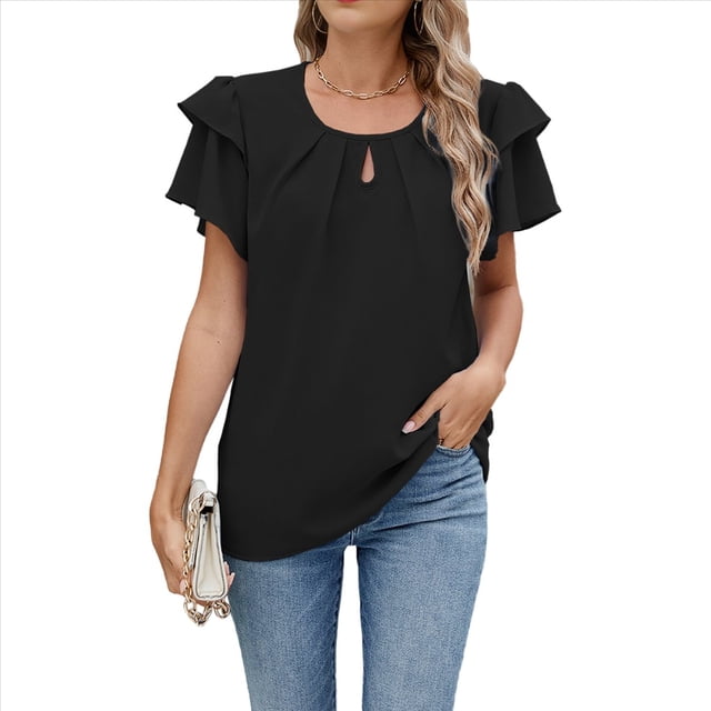 Blusas de Verano para Mujer, con Volantes, Corta, Cuello Redondo, Informales, Plisadas Al Frente, Básicas. Negro S