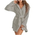 thumbnail image 2 of Fanxing Womens Soft Plush Short Bathrobe Hood Fleece Robe, Fluffy Long Sleeve Belted Cute Housecoat Sleepwear Pockets Nightgown Gray L, 2 of 5