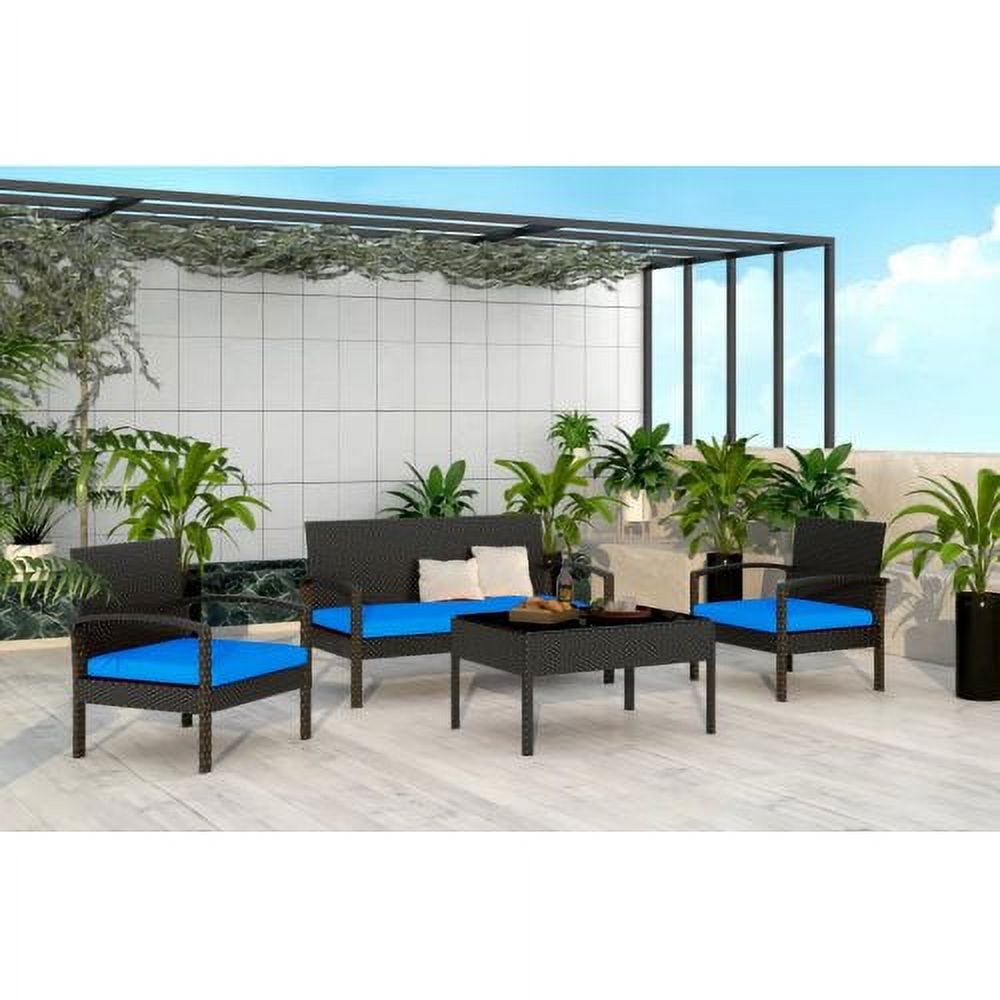 4 Piece Patio Porch Furniture Set, Outdoor Rattan Patio Furniture Sets, Patio Conversation Sets, Porch Deck Furniture, Wicker Patio Chairs and Table, Blue - image 3 of 6