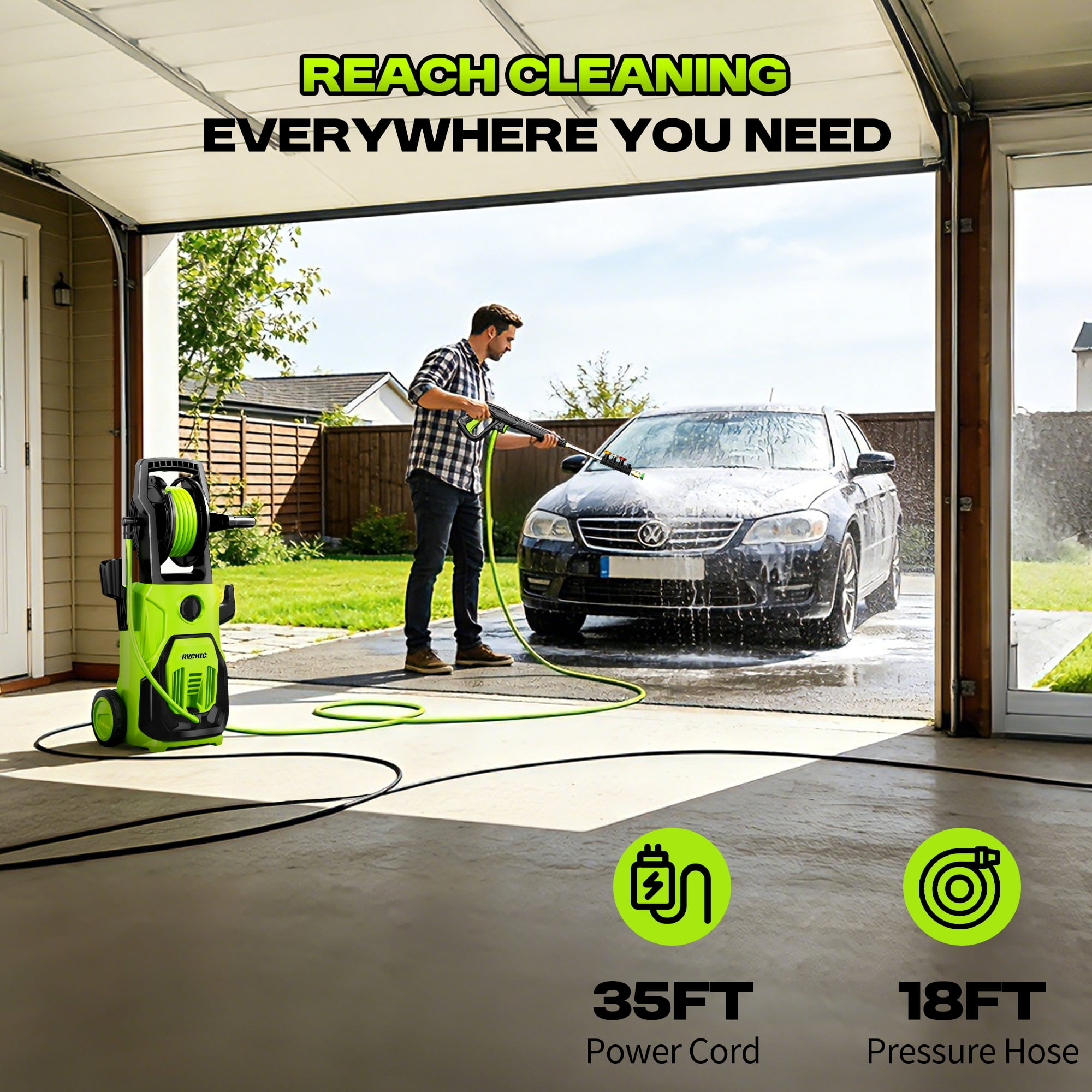 4200 PSI Electric Pressure Washer with Hose Reel,4  Nozzles,for Clean Patios,Cars,Fences,Driveways,Green