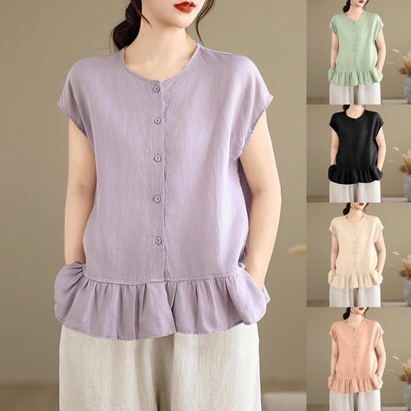 FRSASU Womens Ruffle Hem Shirts Short Sleeve Peplum Cardigans Crew Neck Button Cotton Linen Tops Purple