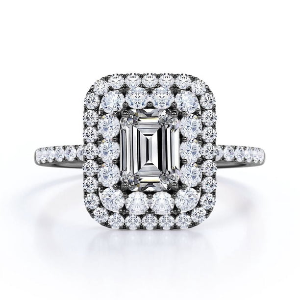JeenMata Anillo de Compromiso con Moissanita de Corte Esmeralda de 1,5 Quilates - Anillo Nupcial - Anillo de Doble Halo - Anillo de Racimo - Oro Negro de 18 K sobre Plata