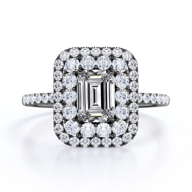JeenMata Anillo de Compromiso con Moissanita de Corte Esmeralda de 1,5 Quilates - Anillo Nupcial - Anillo de Doble Halo - Anillo de Racimo - Oro Negro de 18 K sobre Plata