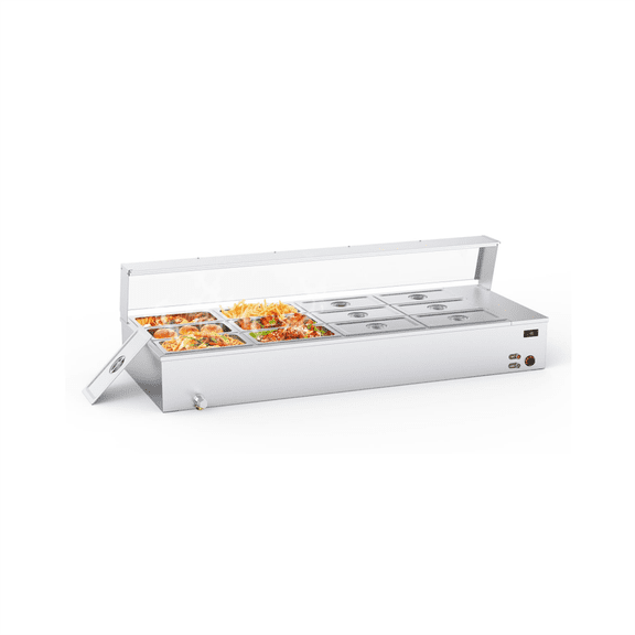 96QT 1500W Electric Commercial Food Warmer, 12x8QT Steam Table 8QT/Pan Stainless Steel Bain Marie Countertop w/Glass Shield Temperature Control & Lid for Buffet Restaurant 110V