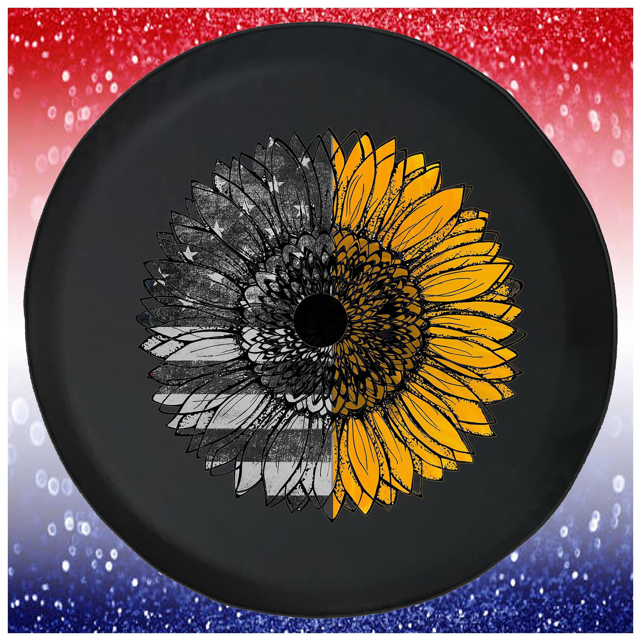 Large Spare Tire cover Vintage American Flag Yellow Sunflower for Girls  Black 35 Inch