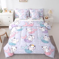 jejeloiu Cartoon Mermaid Cat Bedding Comforter Set 7-Piece,Abstract Cute Kitten King Bedding Sets,Pet Animal Lover Bed Sheets For Girl Child,Super Cozy Room Decor Reversible