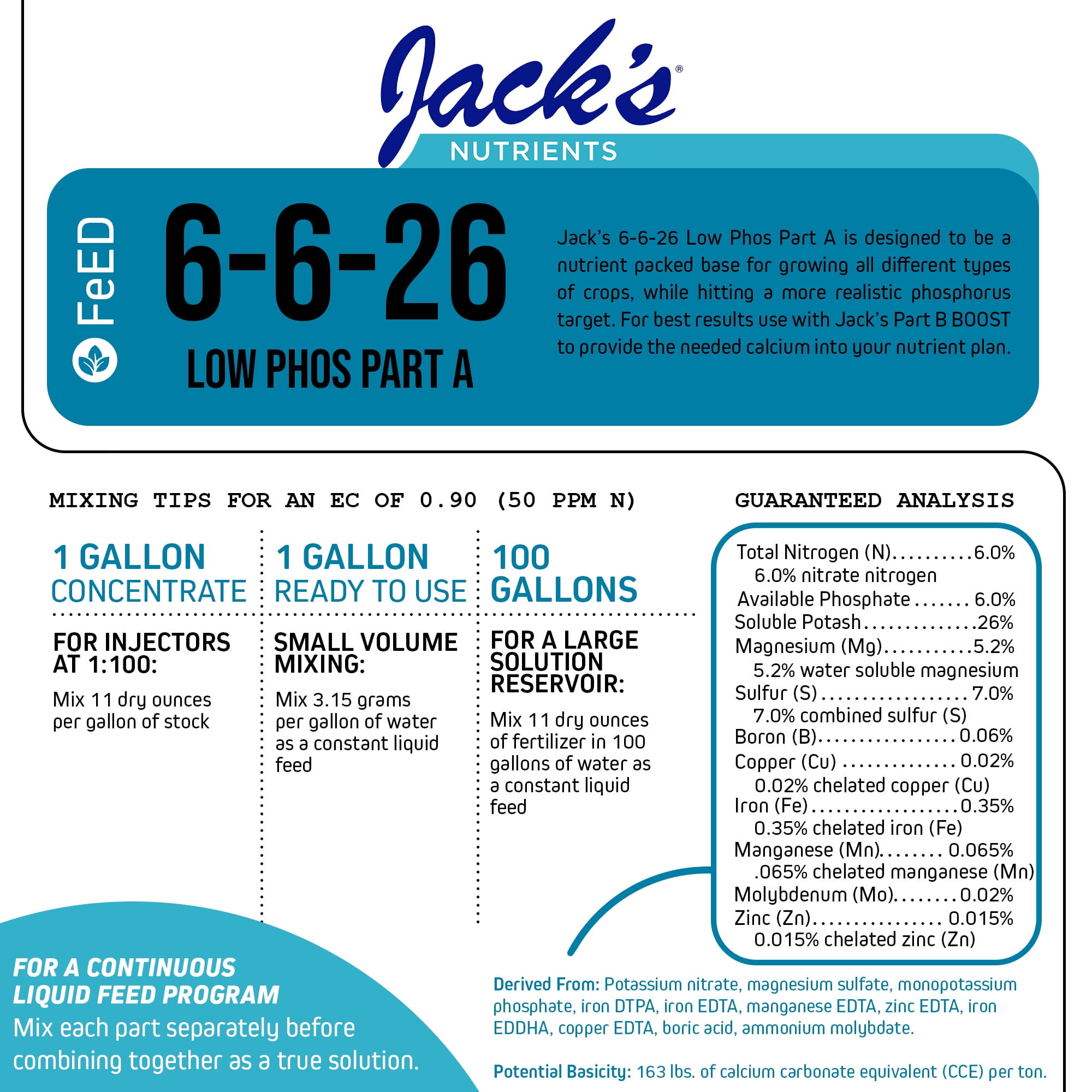 Jack's Nutrients 6-6-26 Low Phos Part A Water-Soluble Fertilizer for Growth of Leaves and Strong Roots in Continuous Liquid Feed Program, 2.2lbs