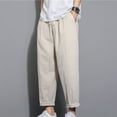 thumbnail image 4 of YYDGH Mens Linen Cotton Pants Drawstring Elastic Waist Tapered Pants Casual Loose Fit Summer Beach Trousers, 4 of 5