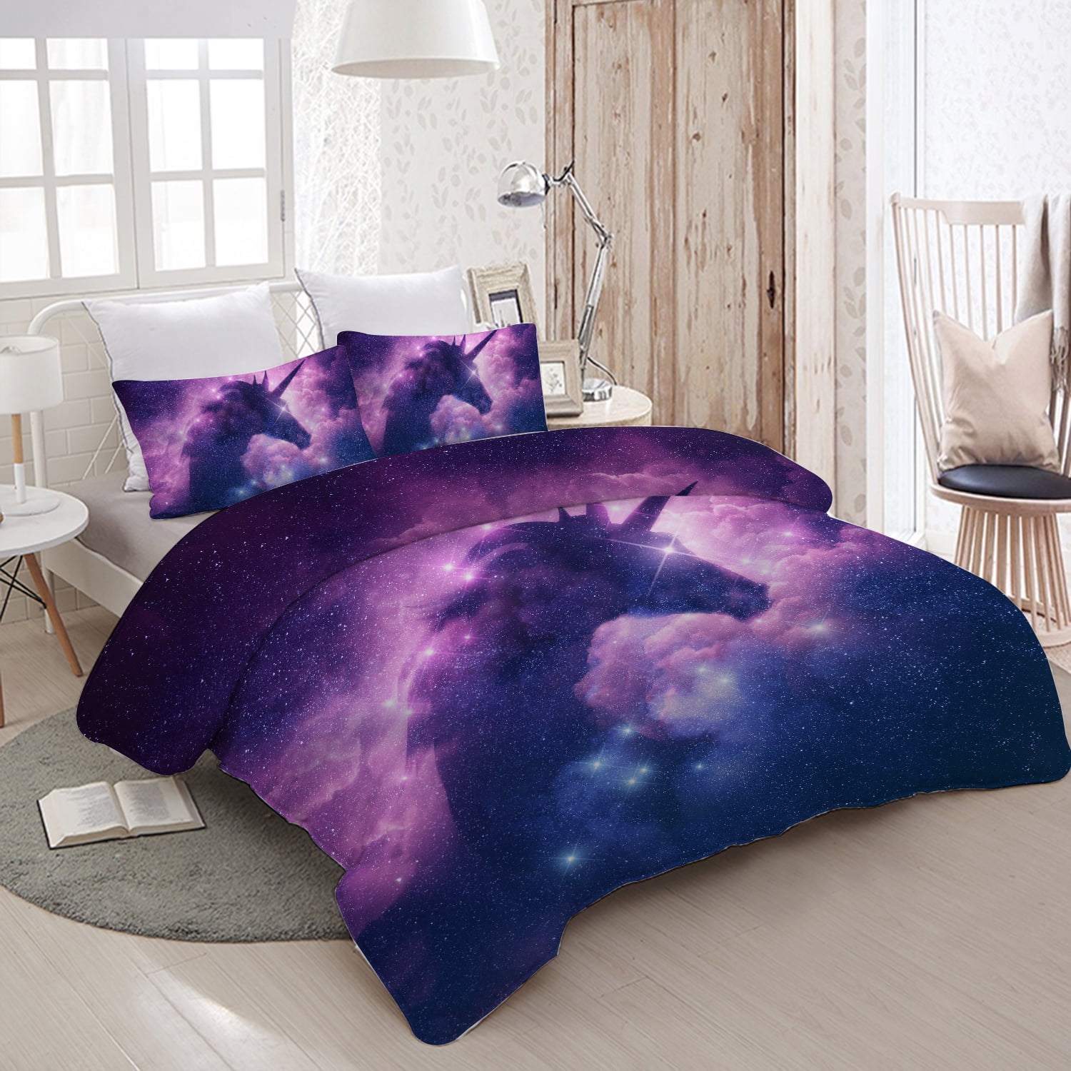 Soft Microfiber Bedding Purple Duvet Cover King 3D Galaxy Purple Butterfly Floral Pattern Printed Duvet Cover with Zipper Closure 3 Pieces, King Size