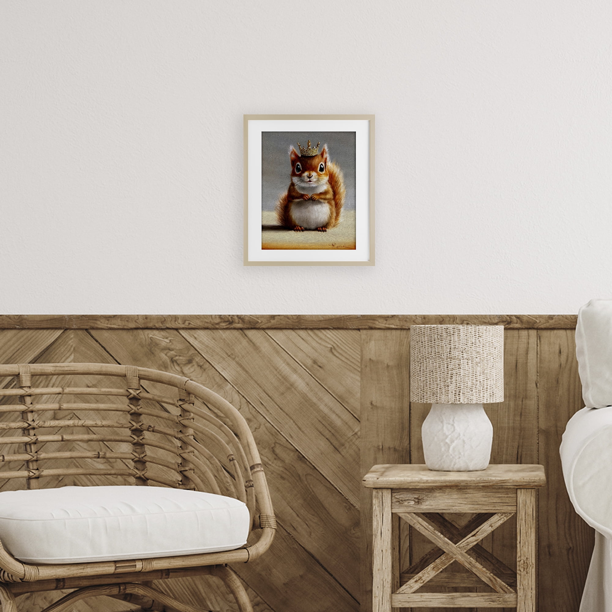 Fancy Crowned Squirrel Birch Framed Print Under Glass, design by Lucia Heffernan