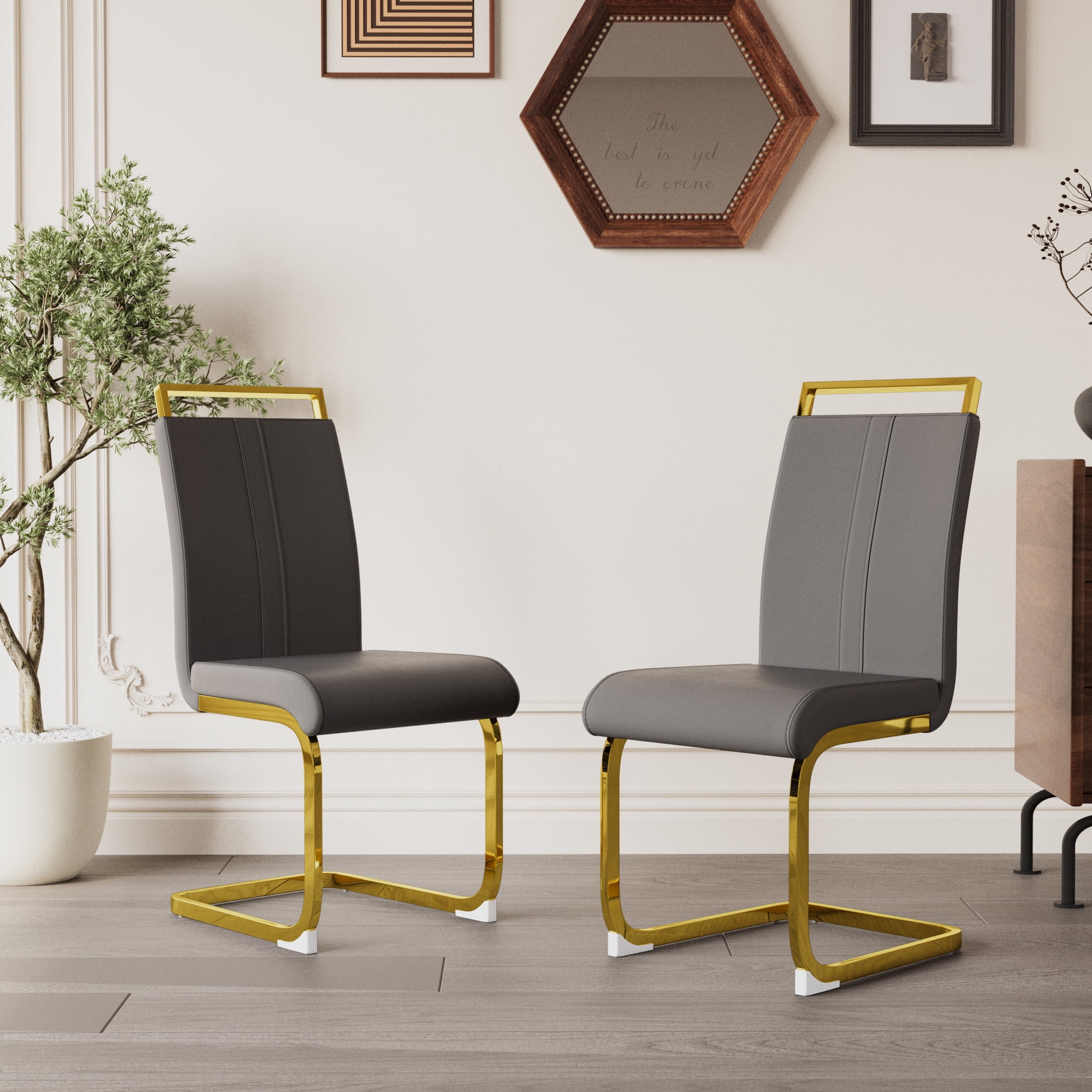 Dining Chairs Set of 4 PU Leather High Back Upholstered Chairs with Gold Metal Legs for Home Kitchen Dining Room Patio, Grey
