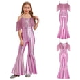 thumbnail image 5 of Raenseen Girls Sparkly Sequins Tassel Pageant Dance Party Jumpsuit Spaghetti Strap High Waist Flared Pants Romper Pink 16, 5 of 7