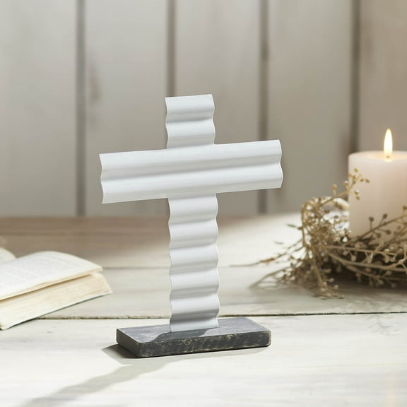 Celebrate Grace Metal Holy Cross w/ Wooden Base 8x6x2.3