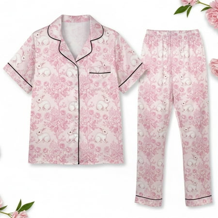 Lotusprinthandmade Bunny Toile Floral All-over Print Satin Short-Sleeve Pajamas Set with Long Pants (L) - Toile Animal Pajamas Set