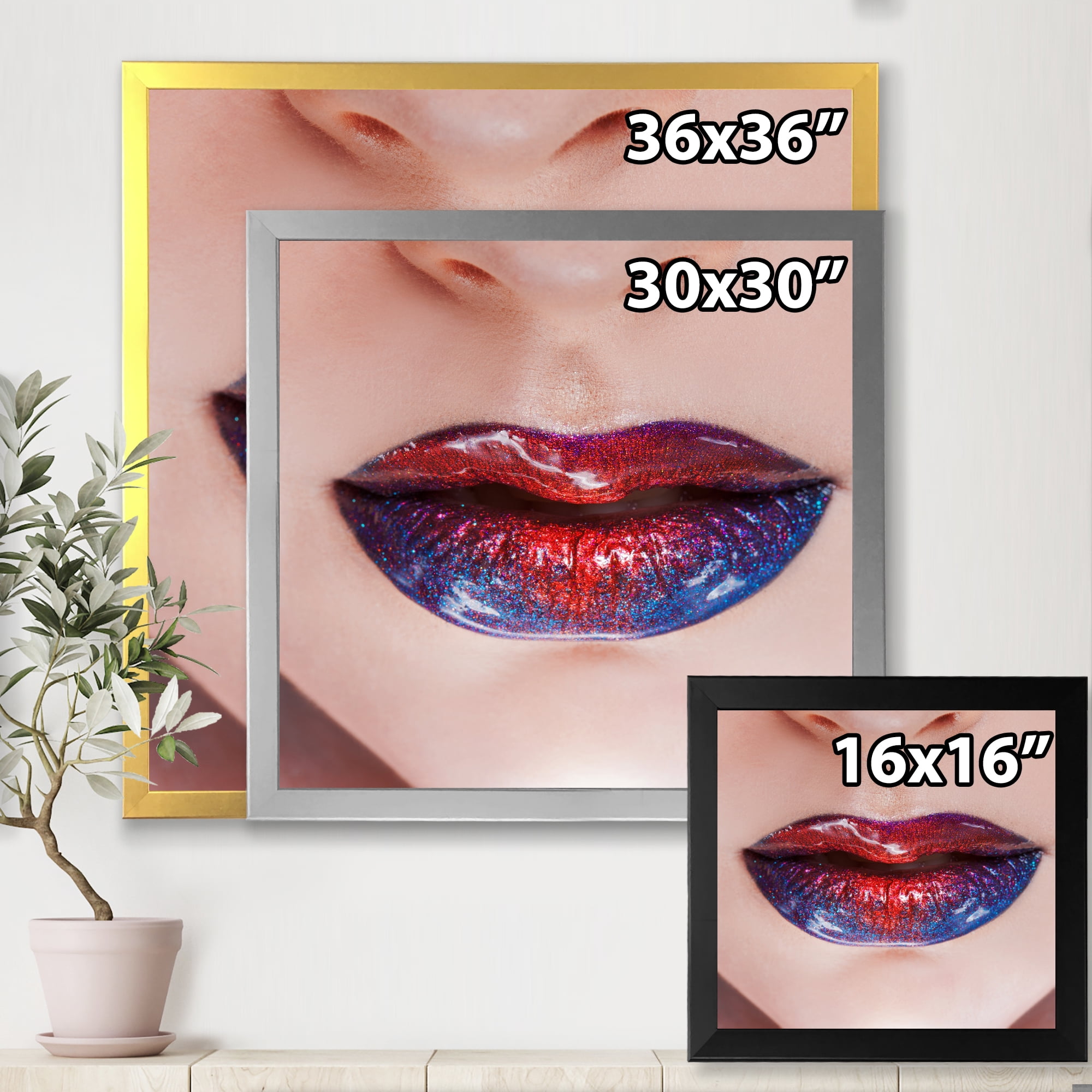 Designart 'Beautiful Women Lips With Red and Blue Lipstick' Modern Framed Art Print