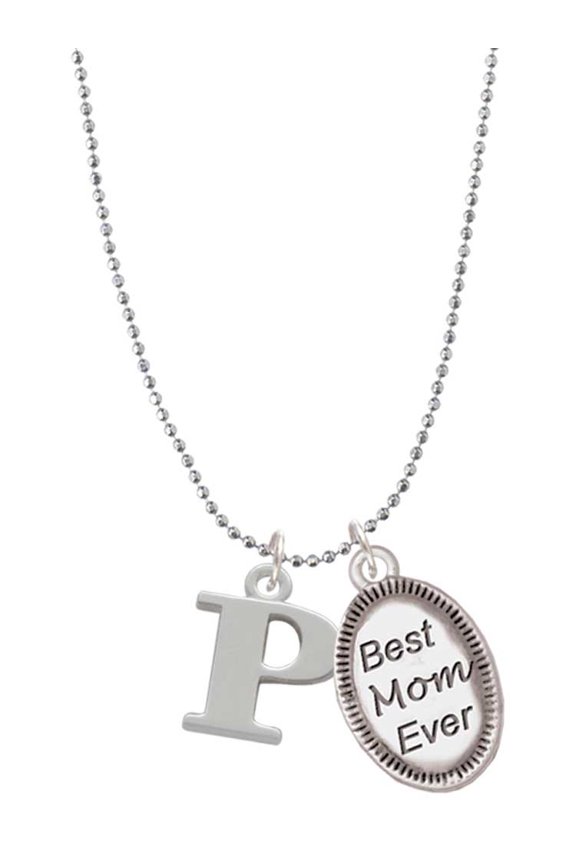 Silvertone Large Initial - P - Best Mom Ever Charm Necklace