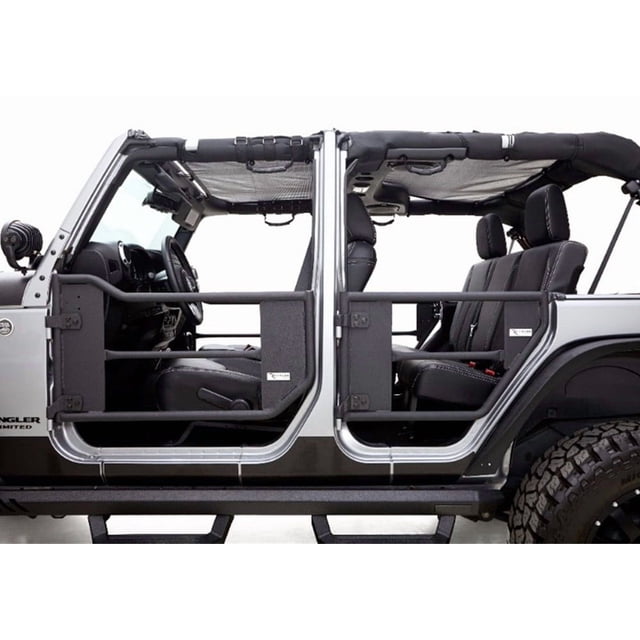 Fits 2007-2018 Jeep Wrangler JK Rampage Door 7695 Traildoors; Tubular Lower Half; Lever Handle; Powder Coated; Black; Steel; Set Of 2; With Netting Inserts