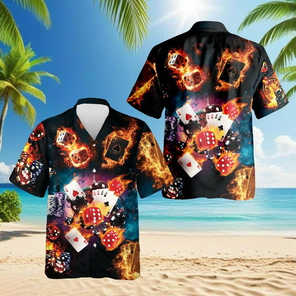 Poker Fire Hawaiian Shirt for Men, Button Down Summer Beach Short Sleeve, S-5XL