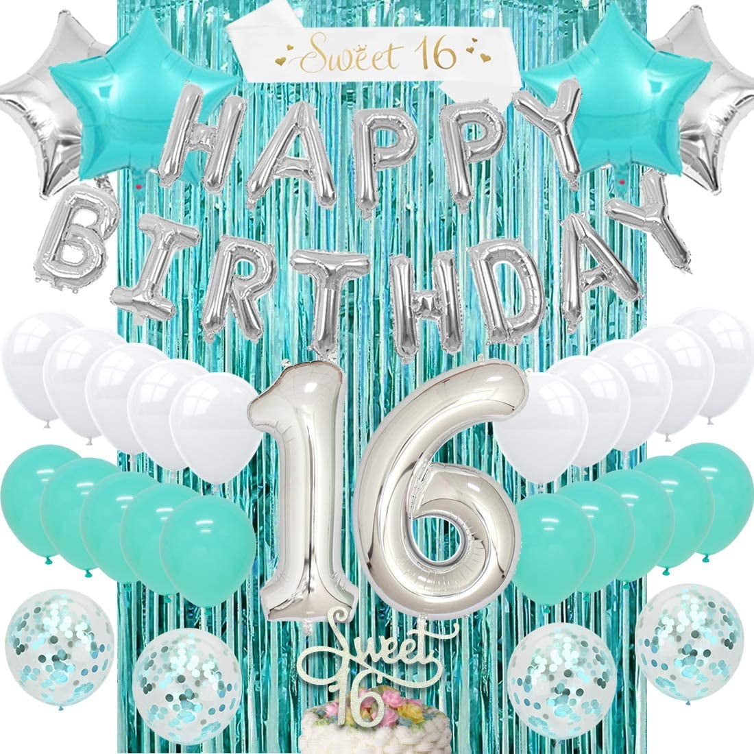 Sweet 16 Birthday Decorations for Girls Teal Sixteen Birthday Party Supplies Turquoise with Sweet 16 Cake Topper Blue Confetti Star Foil Balloons Sash Teal Curtain for 16th Happy Birthday Party Decor