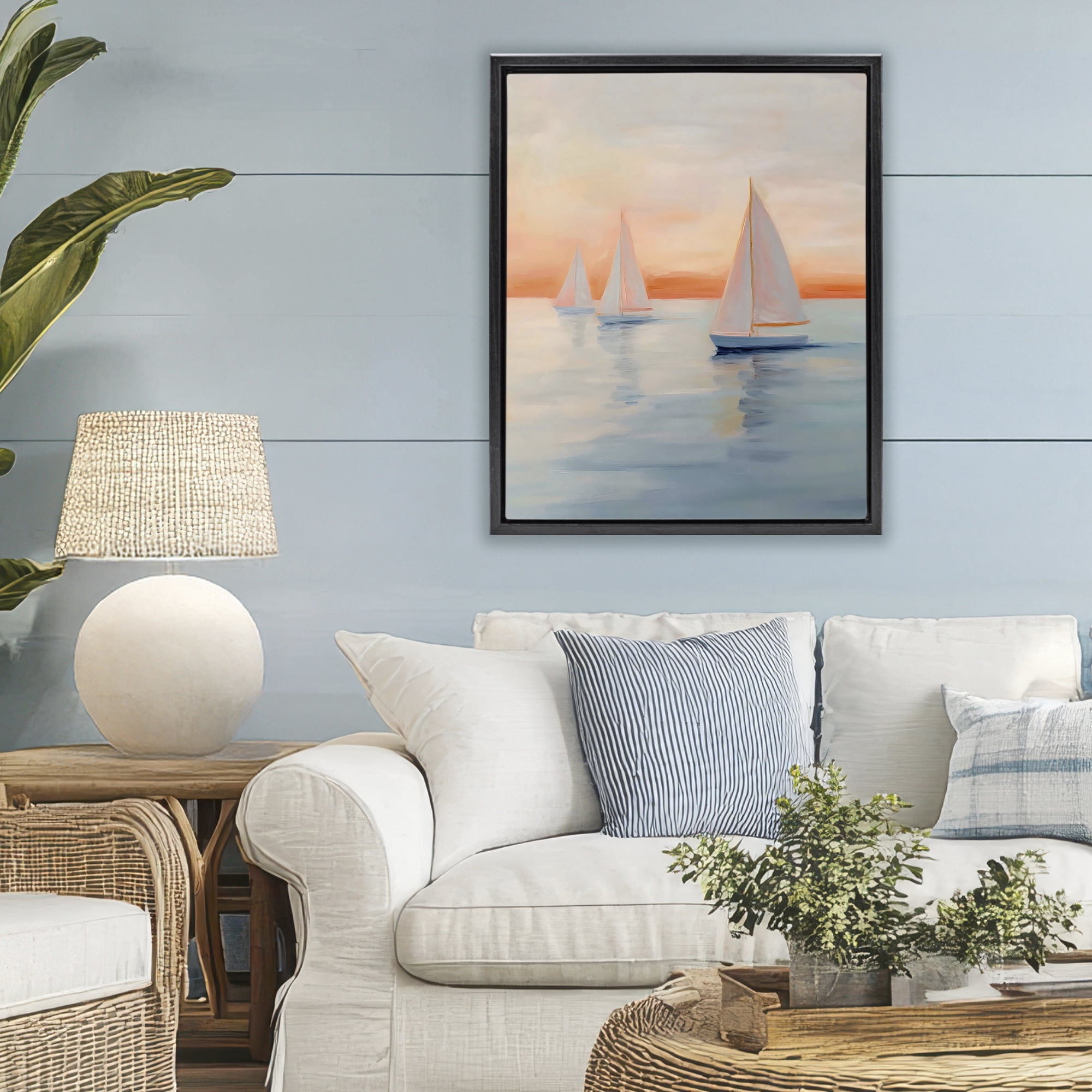 Stupell Industries Sunset Sailboats Over Calm Sea Black Framed Floater Canvas Wall Art, design by Creative Studio