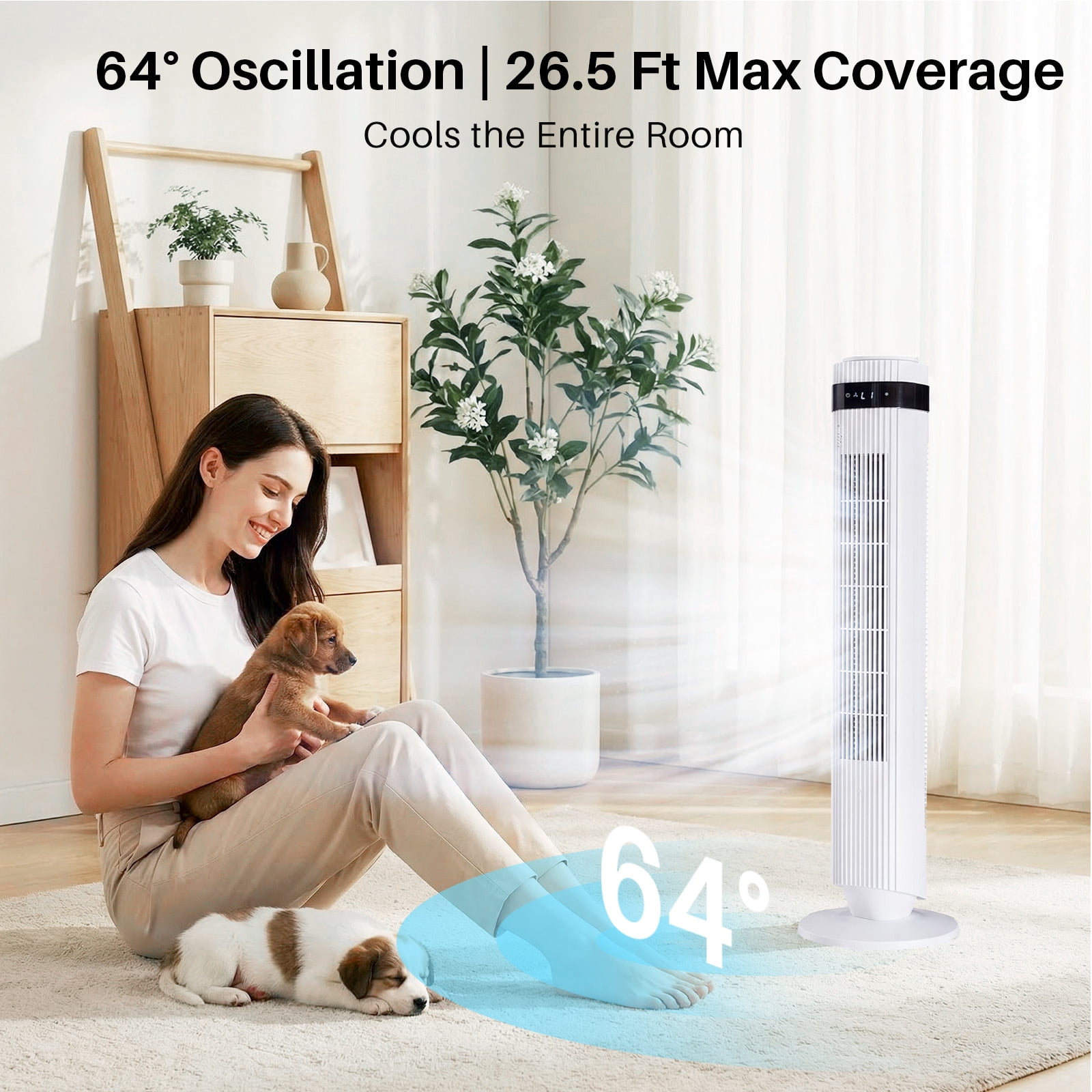 Tower Fan for Home, 64° swivel Standing Floor Fan with Remote, Bladeless Fan Cold Air Quiet, 5 Speeds, 4 Modes, LED Display, White