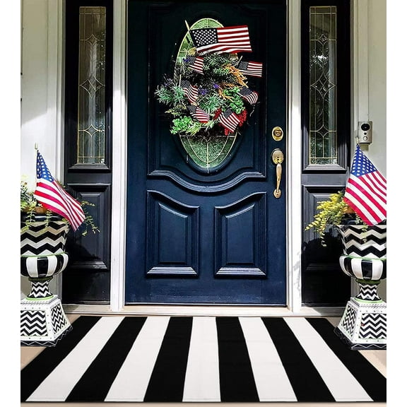 PK.ZTopia Black and White Striped Rug 27.5x43 Inches Indoor Outdoor Rugs Hand Woven Cotton Washable Striped Layered Doormats for Front Door/Kitchen/Farmhouse/Entryway/Patio