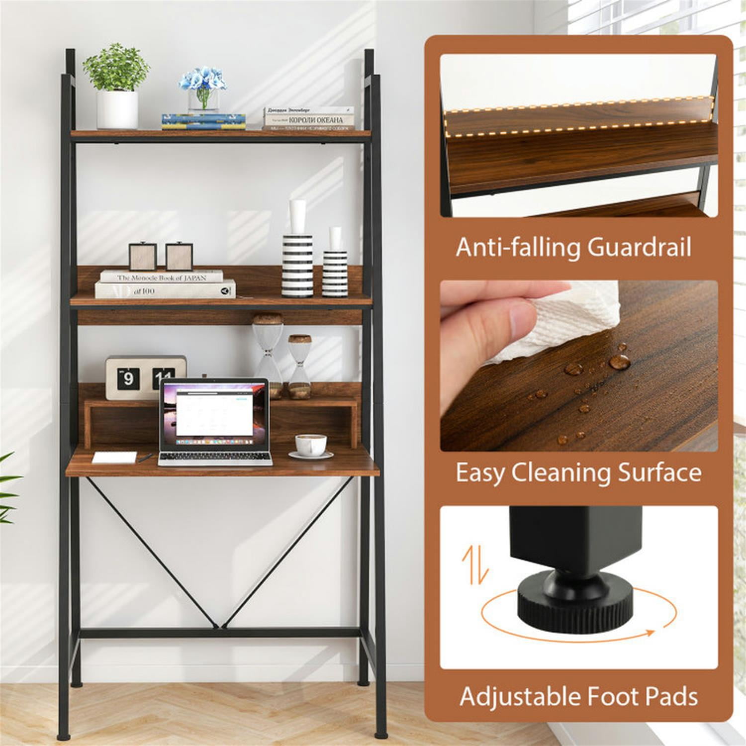 Demi Bonn 71" High Freestanding Laptop Desk with Open Shelves for Living Room Bedroom Study, Laptop Workstation for Laptops, Books, Tablets, and Art, Brown