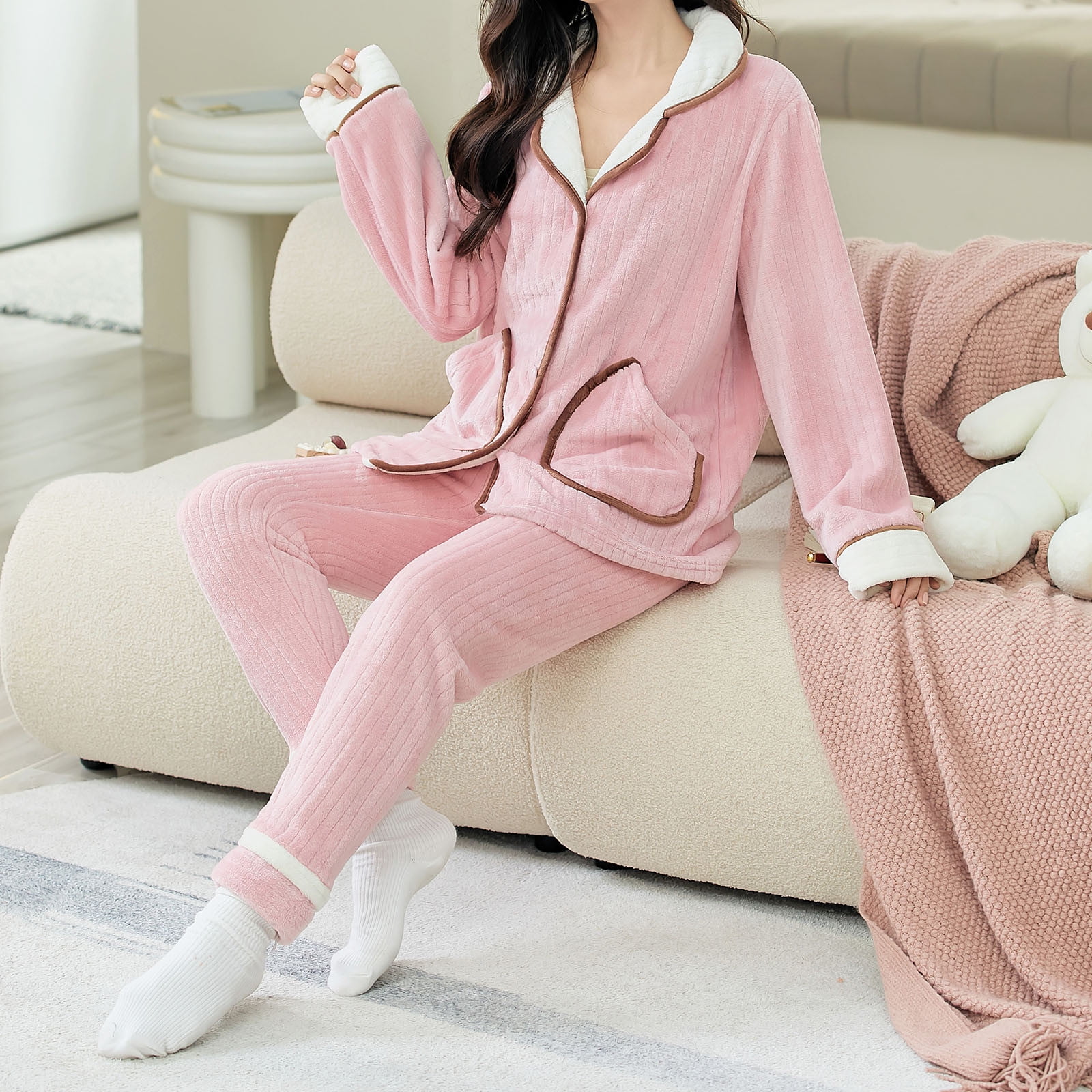 TopLLC Pajama Sets Lounge Sets for Women Women S Sleepwear Ladies Coral Fleece Warm Pajamas Set Can Be Worn Out Long Sleeve Cardigan Pocket Homewear Pajama Sets Walmart