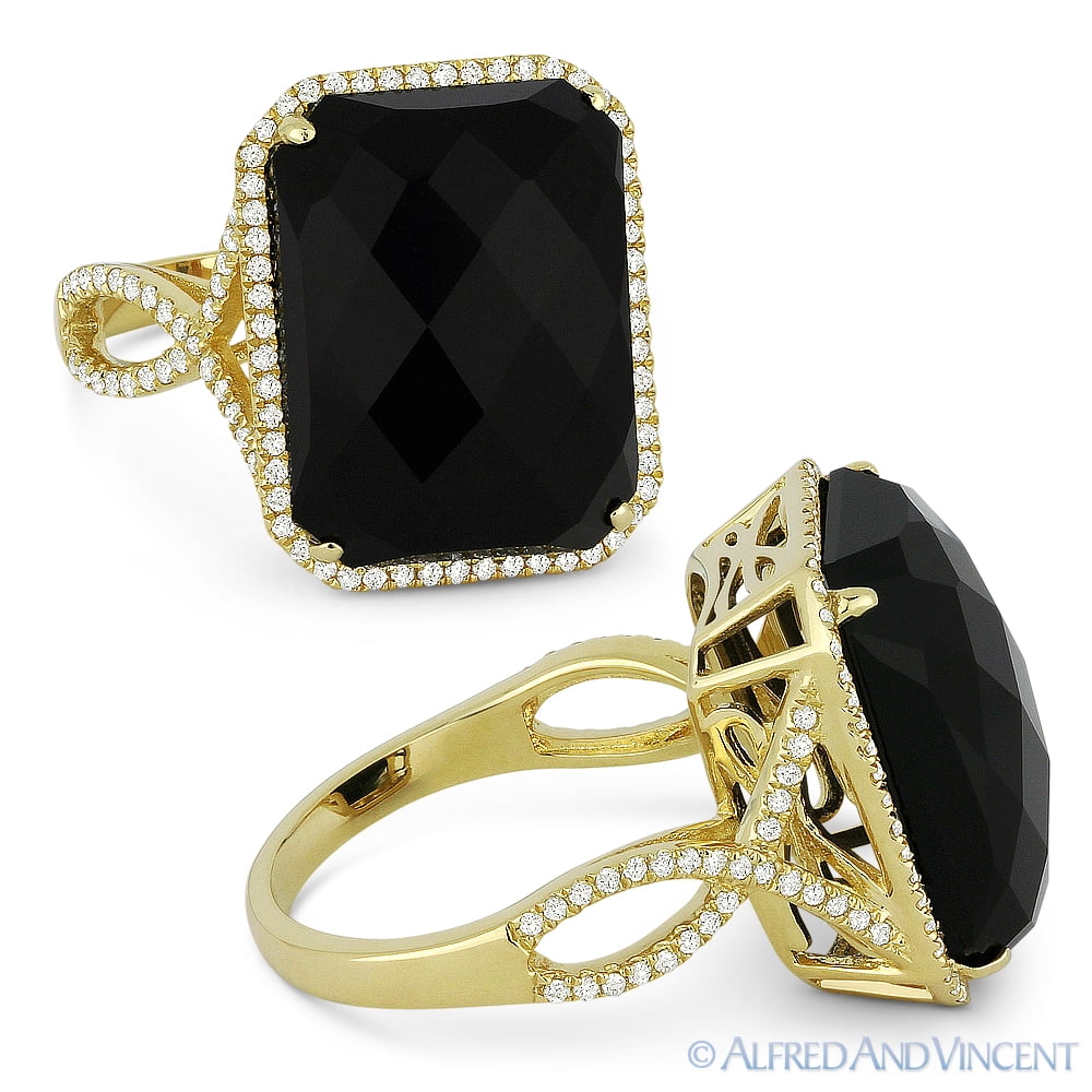 7.03 ct Checkerboard Onyx /& Diamond Right-Hand Cocktail Ring in 14k Yellow Gold