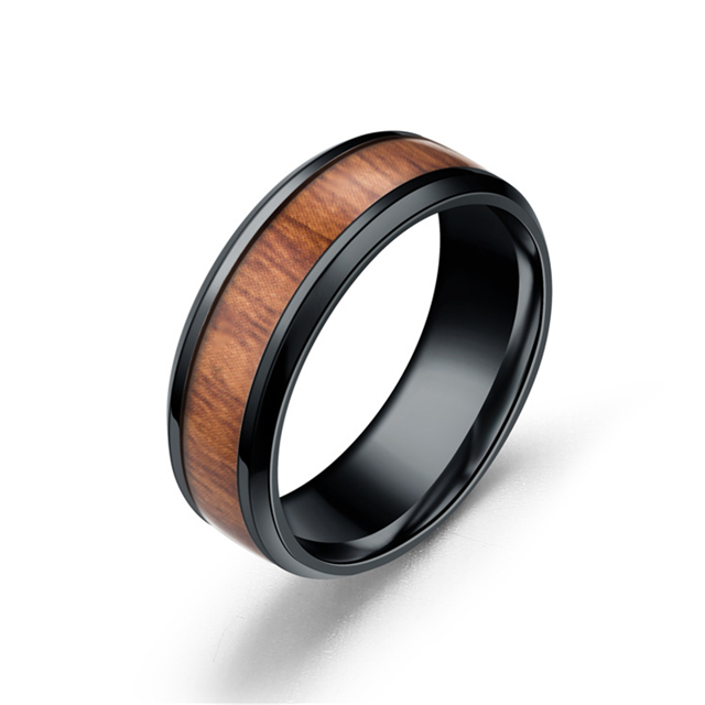 Anillos con incrustaciones de grano de madera de acero inoxidable para hombre, anillo de compromiso ancho creativo Retro de 8mm, joyería para novio, accesorios de regalos