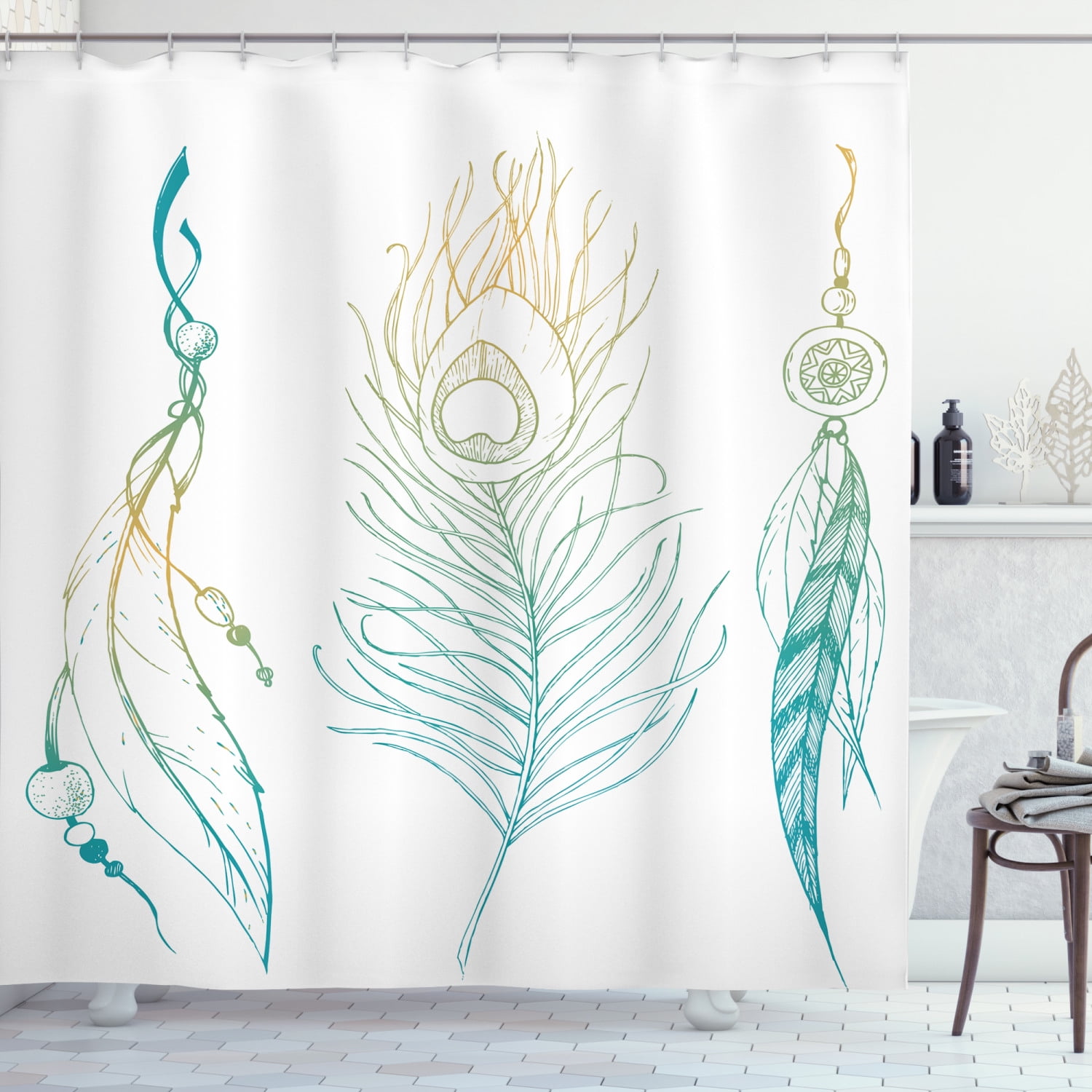 Dreamcatcher Feather Shower Curtain Dream Catcher Boho Chic Style Colorful Theme Fabric Bathroom Decorative Sets with Hooks Waterproof Washable 72 x 72 inches Grey and White