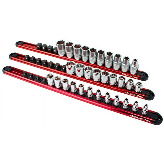 MichaelPro MP014001 3-Piece Aluminum Socket Organizer Rail Set - Heavy Duty Socket Storage Hold 46 Sockets with 1/4, 3/8, and 1/2-Inch Drive