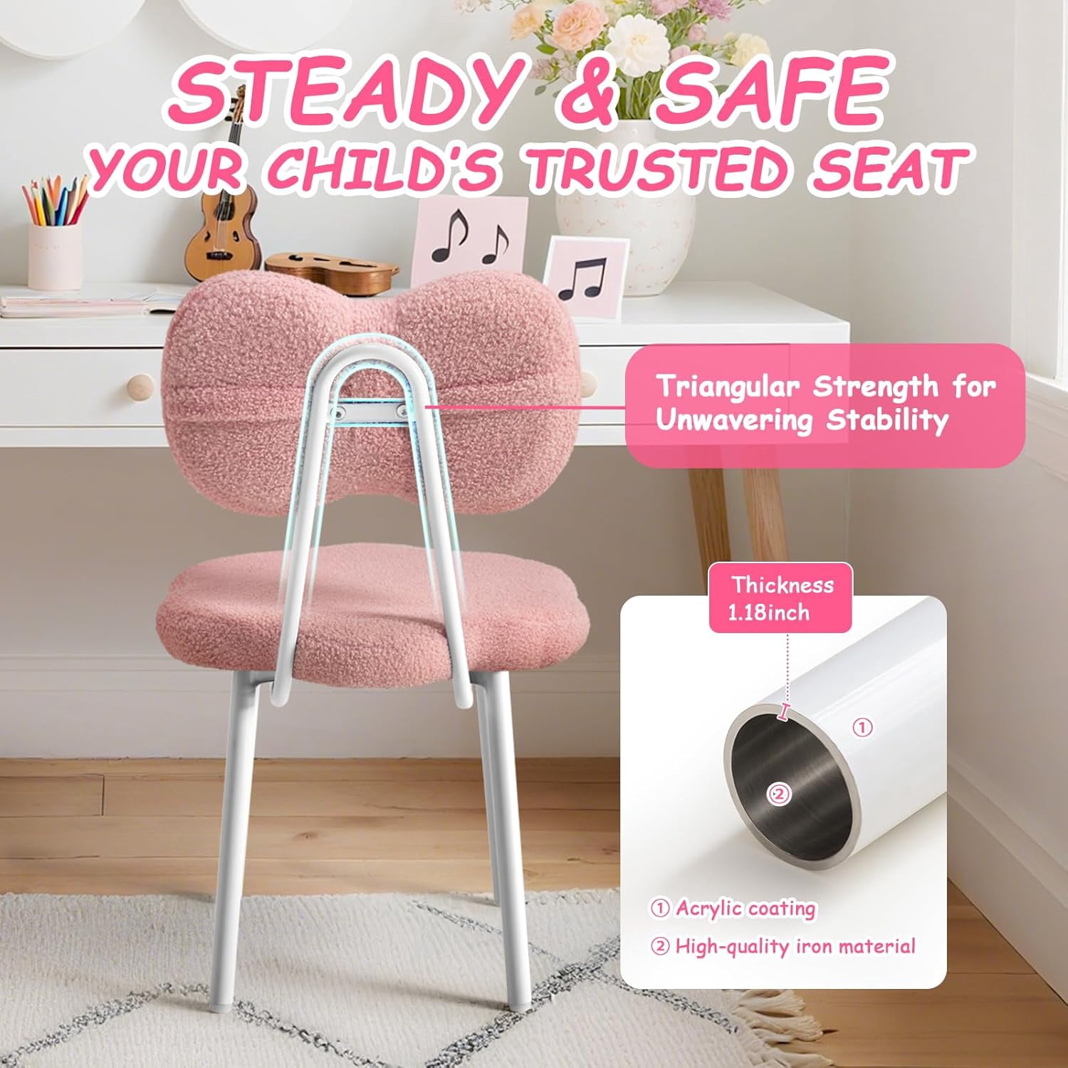 Teen Girls Vanity Chair Kids Desk Chair Teddy Fleece Armless Office Roller Chair Kids Task Reading Seat for Girls Student Chair for Study (Pink)