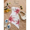 thumbnail image 3 of Red Floral Print Halter Neck Bodycon Dress With Asymmetric Hem And Side Tie, 3 of 8