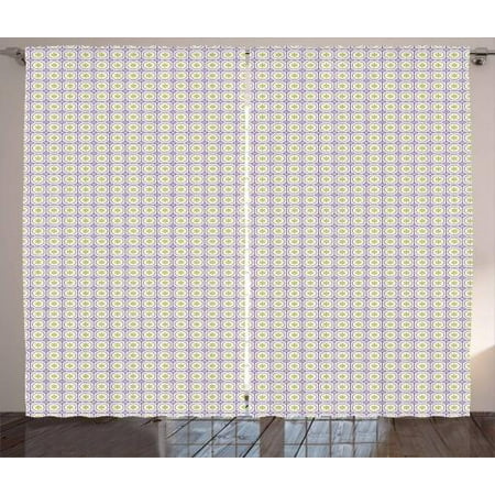 Flower Curtains 2 Panels Set, Continuous Circles and Floral Modules in Square Grid Pattern Design, Window Drapes for Living Room Bedroom, 108W X 63L Inches, Cream Violet and Pale Green, by