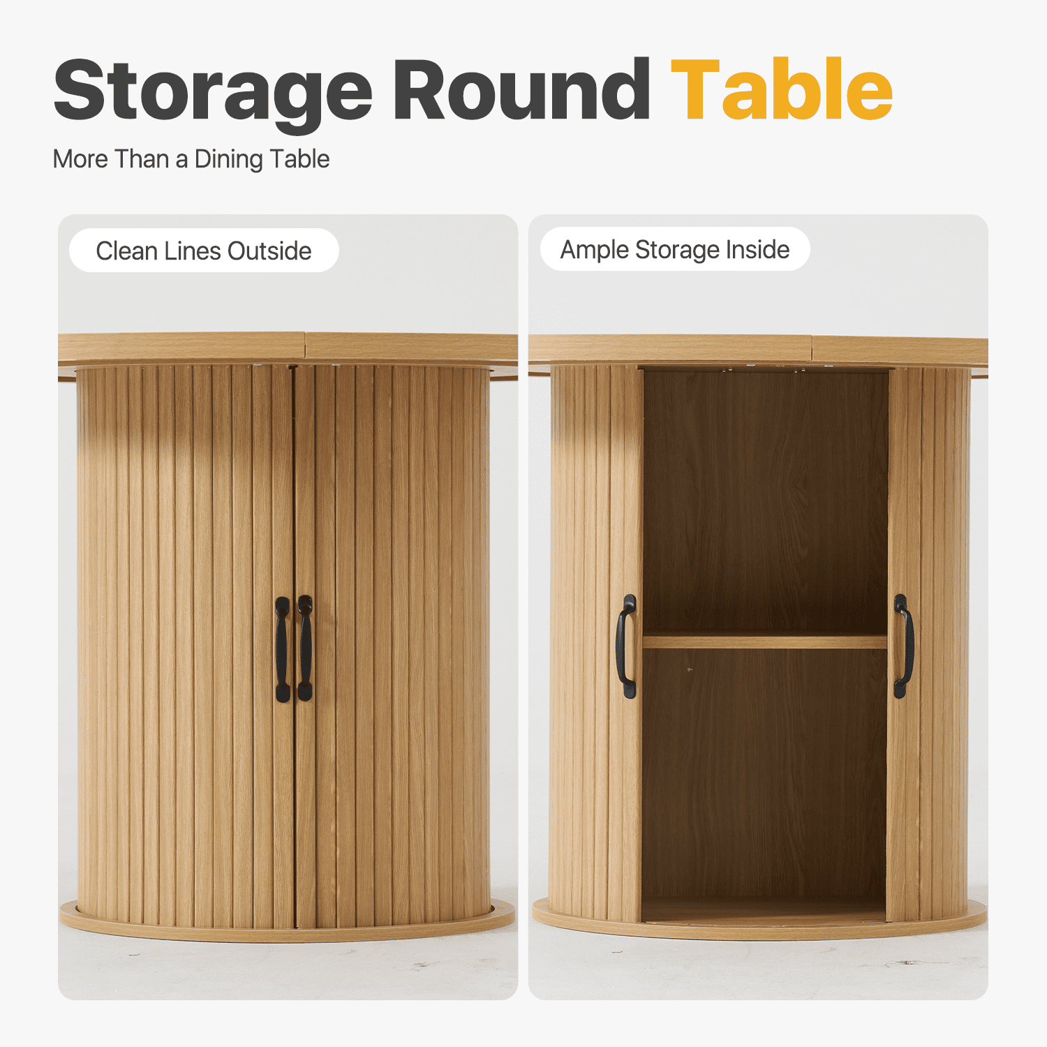 Sonegra 47“ Round Dining Table with Storage, Modern Fluted Circle Kitchen Table with 2-Layer Storage and Sliding Door, for Kitchen Living Room, Natural