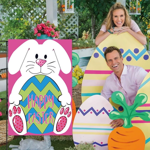 Cheapark Easter Garden Flag Set, Cartoon Egg Bunny Yard Decor Double Sided Outdoor Flag with Burlap Texture