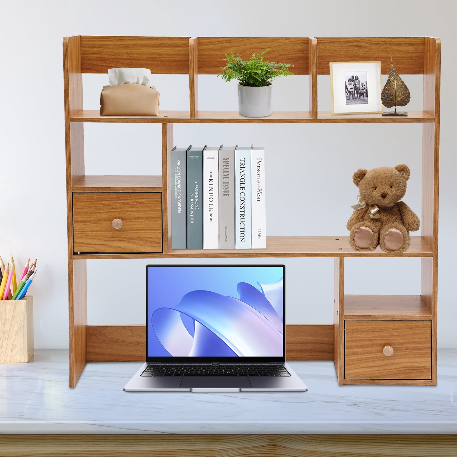 Modern Desktop Storage Organizer Home Office Desktop Bookshelf Holder Computer Rack Desk Organizer for Space Saving (Pine Color)