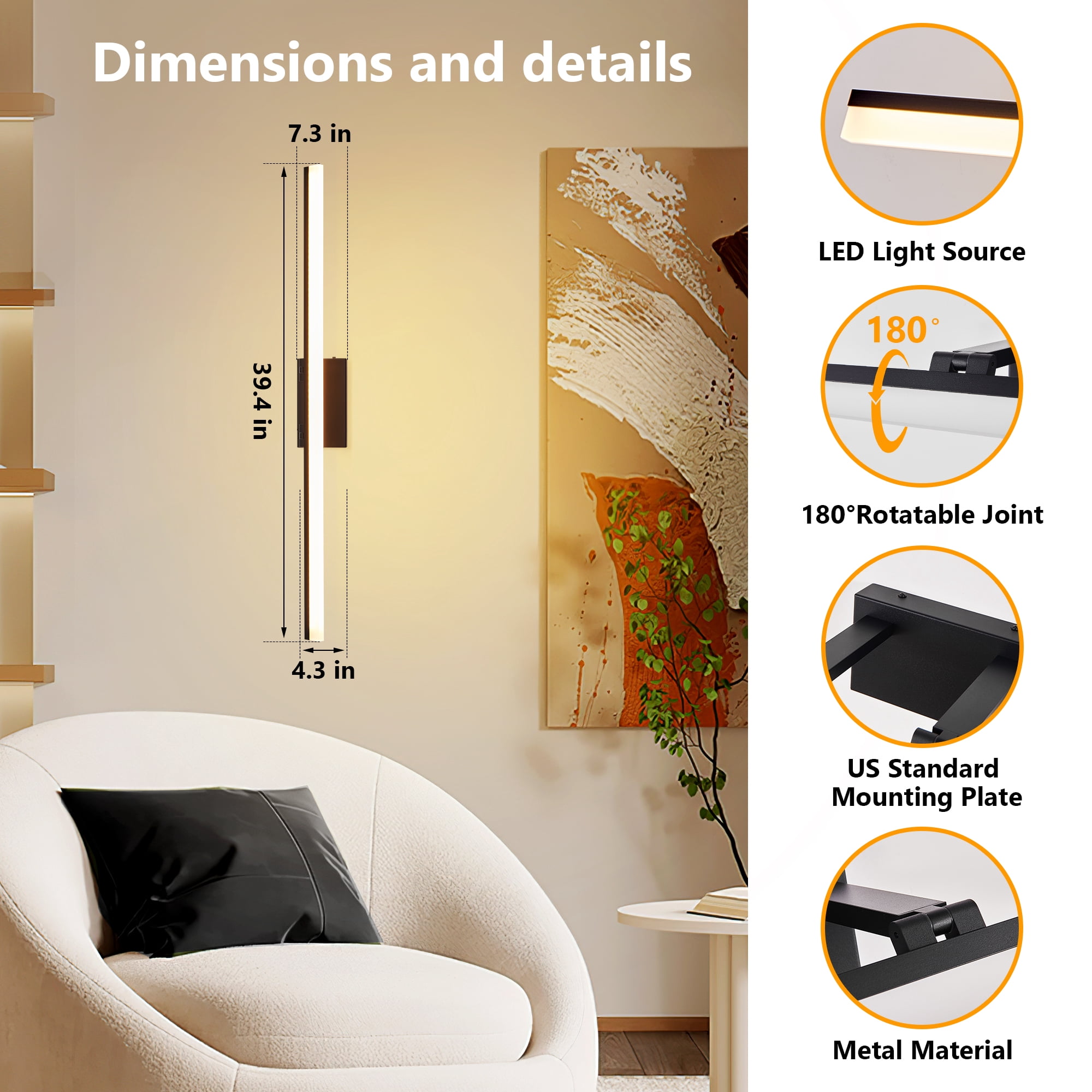 GCGAFUL 39-Inch LED Bathroom Vanity Light Bar, Modern Wall Fixture Ideal for Bathroom, Living Room, Bedroom, Hallway, Black