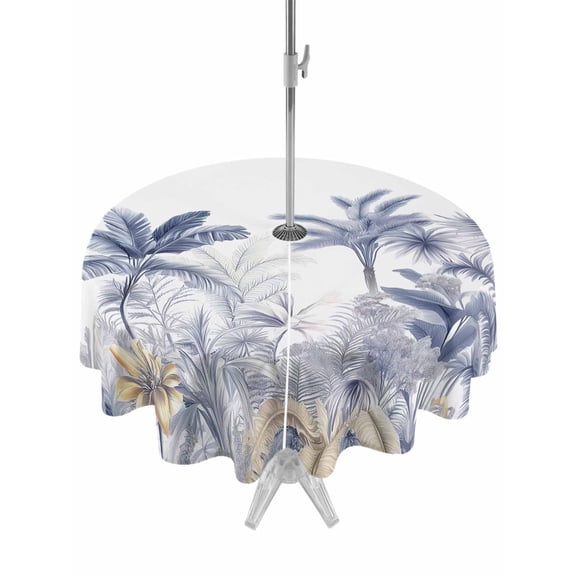 Outdoor Table Cloth with Umbrella Hole and Zipper, Blue Yellow Palm Tree Waterproof Round Tablecloth 54 Inch, Summer Botanical Tropical Washable Table Cover for Outside Party Patio Picnic