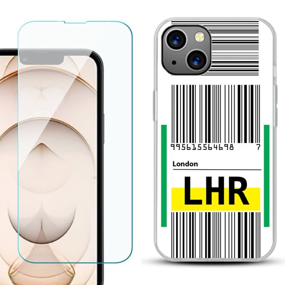 Slim-Fit Flexible TPU Gel Phone Case for iPhone 13, with Tempered Glass Screen Protector, by OneToughShield ® - Airport Tag / London