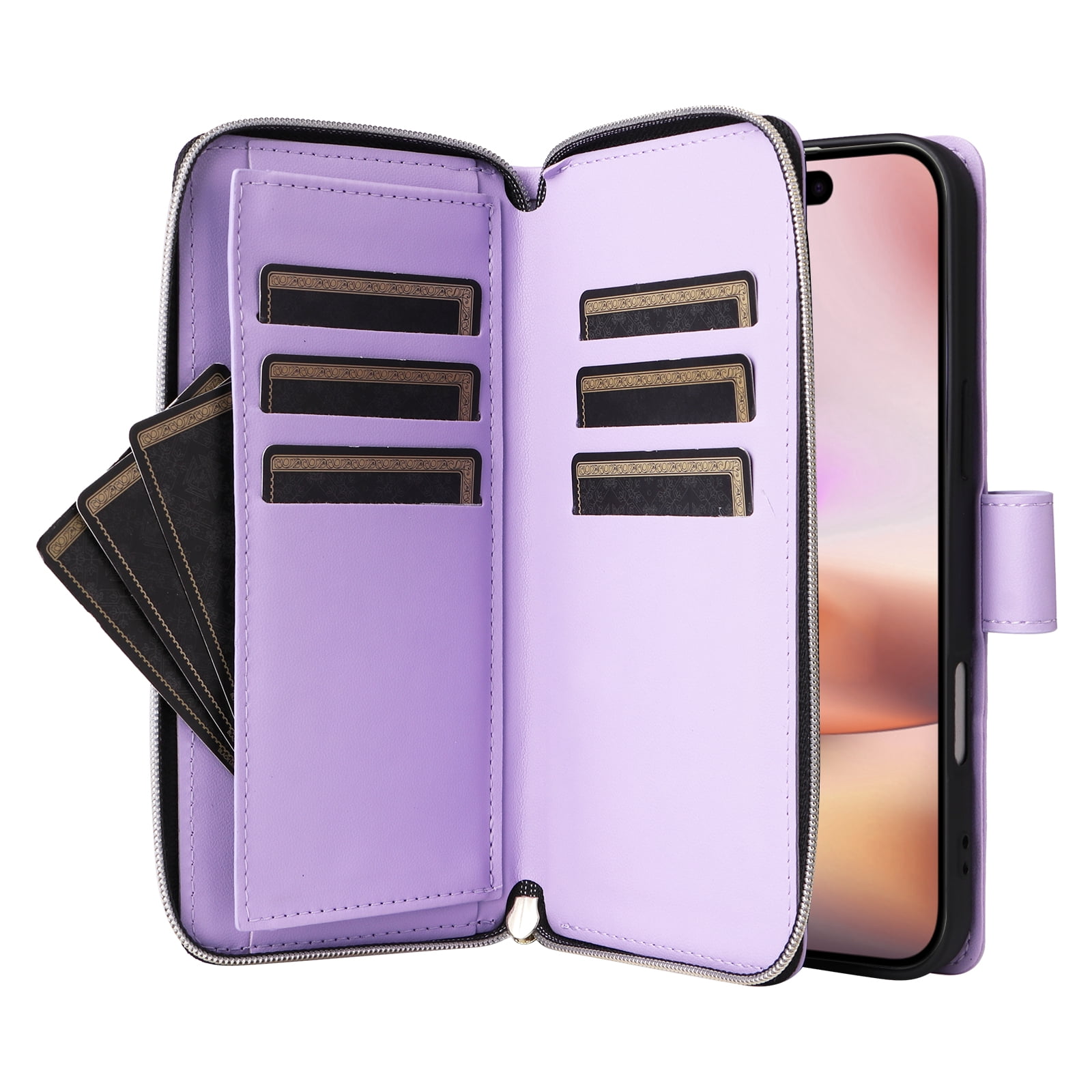 Allytechgroup Case for iPhone 16 with Credit Card Slot, Built-in Shoulder Strap Lanyard PU Leather Wallet Flip Stand Case Full Body Shockproof Protective for iPhone 16, Purple