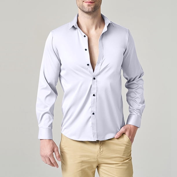 Blusa y camisa de manga larga con cuello vuelto para hombre, informal, con botones, lisa, de manga larga, transpirable, de poliéster