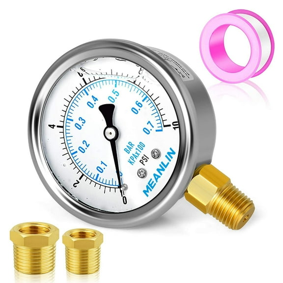 MEANLIN MEASURE 0~10Psi Stainless Steel 1/4" NPT 2.5" FACE DIAL Liquid Filled Pressure Gauge WOG Water Oil Air Lower Mount, with 1/4" x 1/2" NPT and 1/4" x 3/8" NPT Hex Bushing