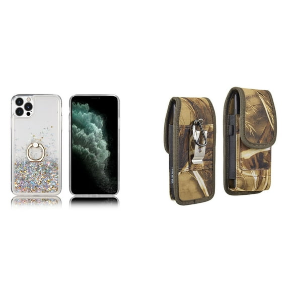 Waterfall Liquid Glitter Stand Case and Belt Holster Pouch for iPhone 14 Pro (Silver/Camo)