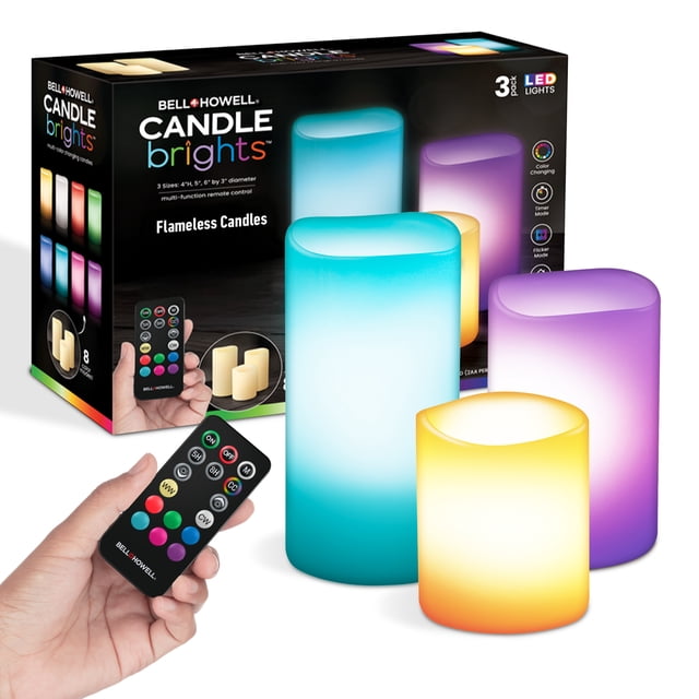 Bell and Howell Candle Brights, 3PK Multicolor Flameless Candles with Remote, Battery Operated Fake LED Candle Pillar Flickering mode, Real Wax Colour Changing Electric Candles, Dimmable