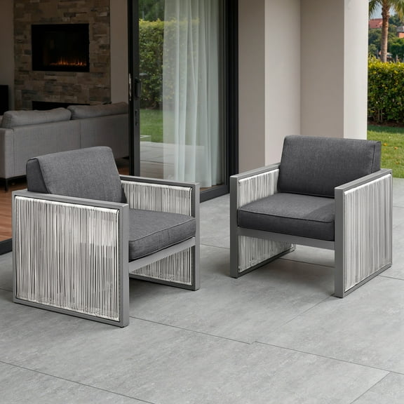 POCASSY Outdoor Round Wicker Accent Lounge Chairs Set of 2 with Cushions, All Weather Resistant Rattan and Deep Seat Lounge Chair, Outdoor Furniture for Balcony, Backyard, Garden, Dark Gray