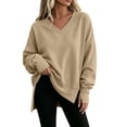 thumbnail image 5 of aohooy Womens Oversized Split Seam Sweatshirt Fall Loose Pullover V Neck Long Sleeve Top for Travel School Going Out Daily Wear Khaki,XL, 5 of 8